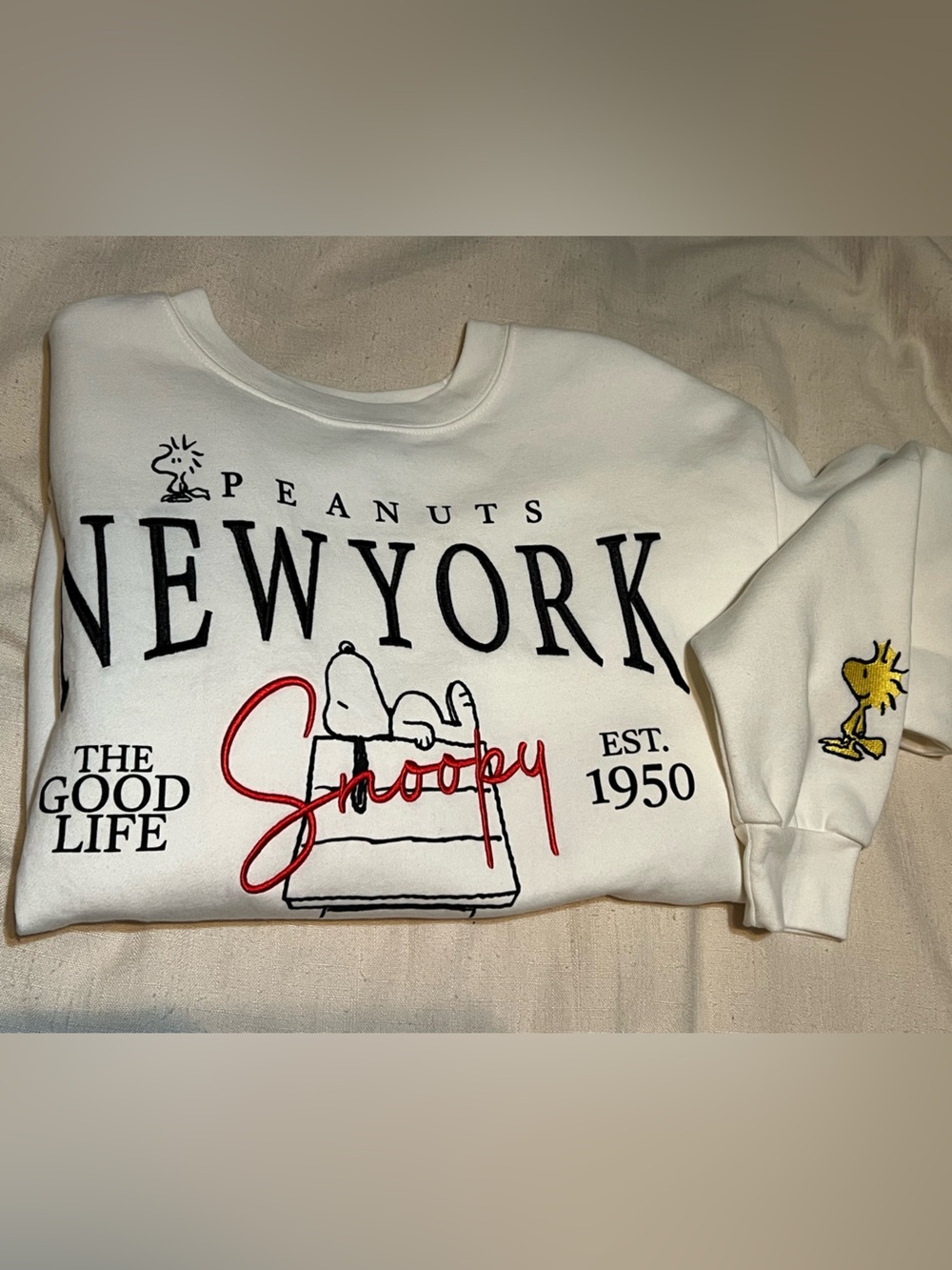 Peanuts Sweatshirt with Embroidered Snoopy and Woodstock